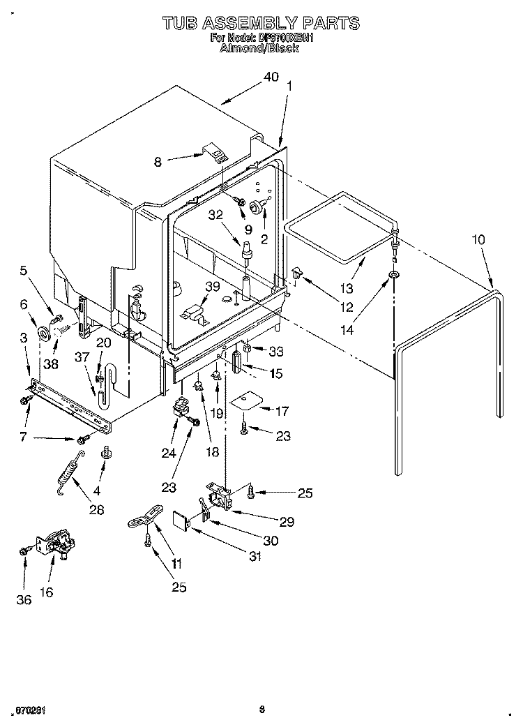 TUB ASSEMBLY Diagram and Parts List for DP8700XBN1  Whirlpool Dishwasher