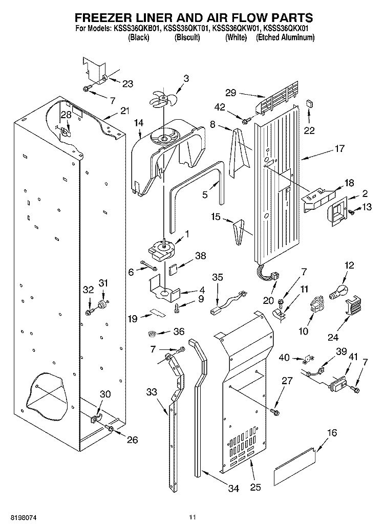 FREEZER LINER AND AIR FLOW Diagram and Parts List for KSSS36QKT01  KitchenAid Refrigerator