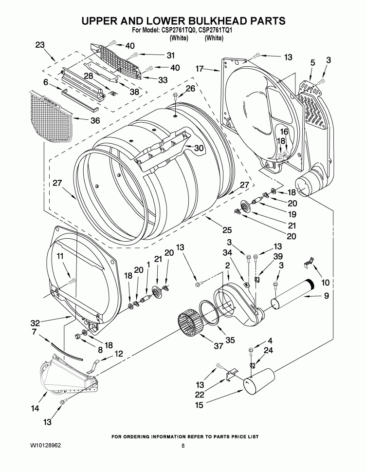 UPPER AND LOWER BULKHEAD PARTS Diagram and Parts List for CSP2761TQ1  Whirlpool Dryer