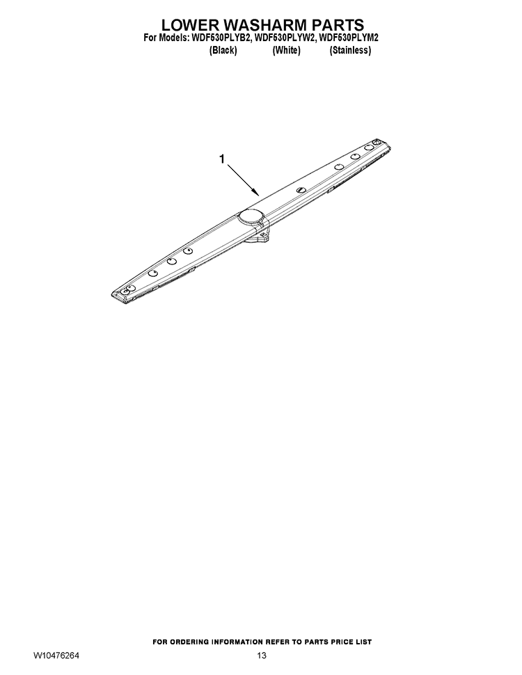 LOWER WASHARM PARTS Diagram and Parts List for WDF530PLYB2  Whirlpool Dishwasher