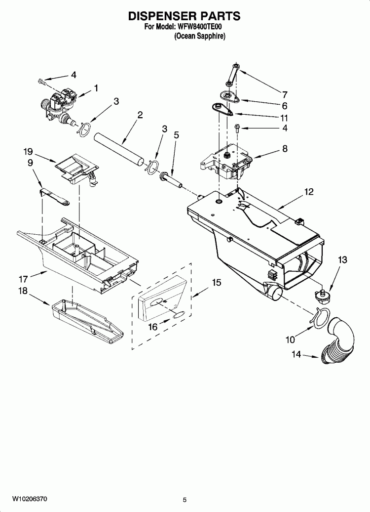 DISPENSER PARTS Diagram and Parts List for WFW8400TE00  Whirlpool Washer
