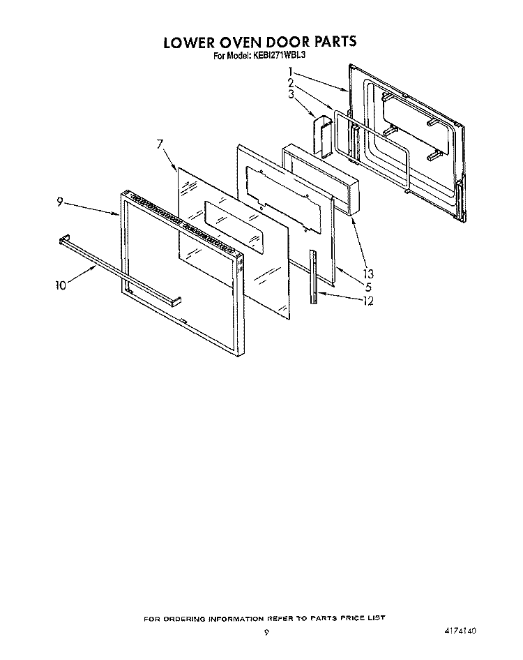 LOWER OVEN DOOR Diagram and Parts List for KEBI271WBL3  KitchenAid Wall Oven