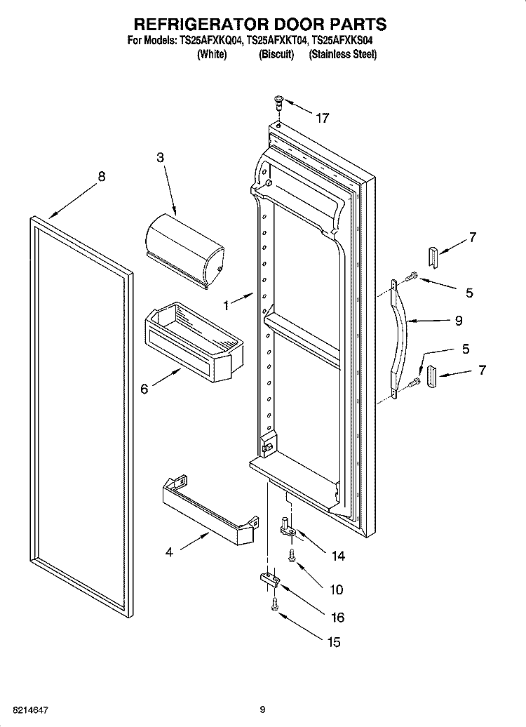 REFRIGERATOR DOOR PARTS Diagram and Parts List for TS25AFXKQ04  Estate Refrigerator