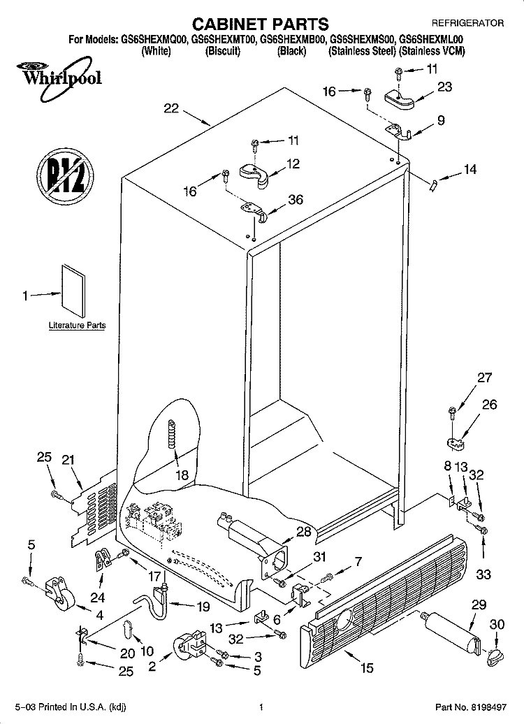 CABINET PARTS Diagram and Parts List for GS6SHEXML00  Whirlpool Refrigerator