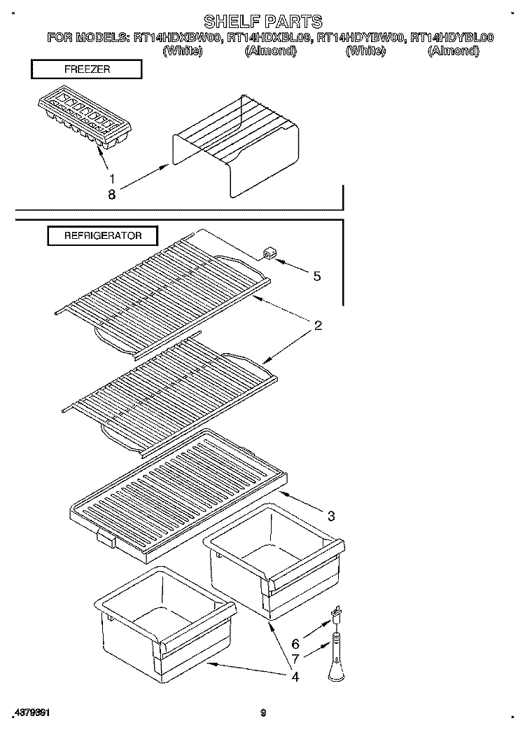 SHELF Diagram and Parts List for RT14HDYBL00  Roper Refrigerator