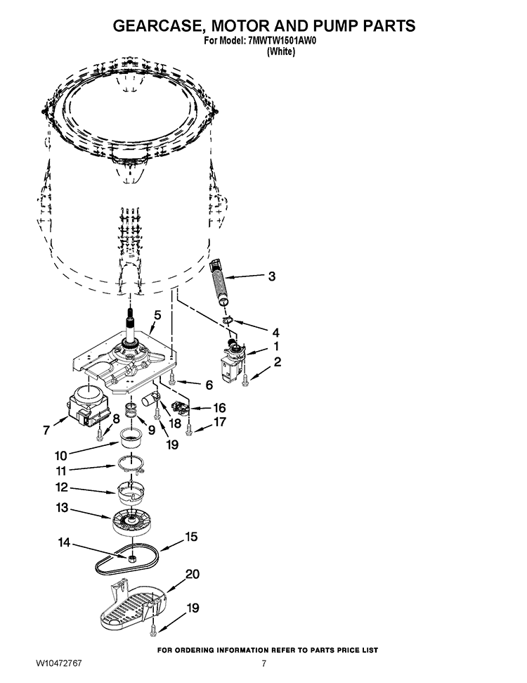 GEARCASE, MOTOR AND PUMP PARTS Diagram and Parts List for 7MWTW1501AW0  Whirlpool Washer