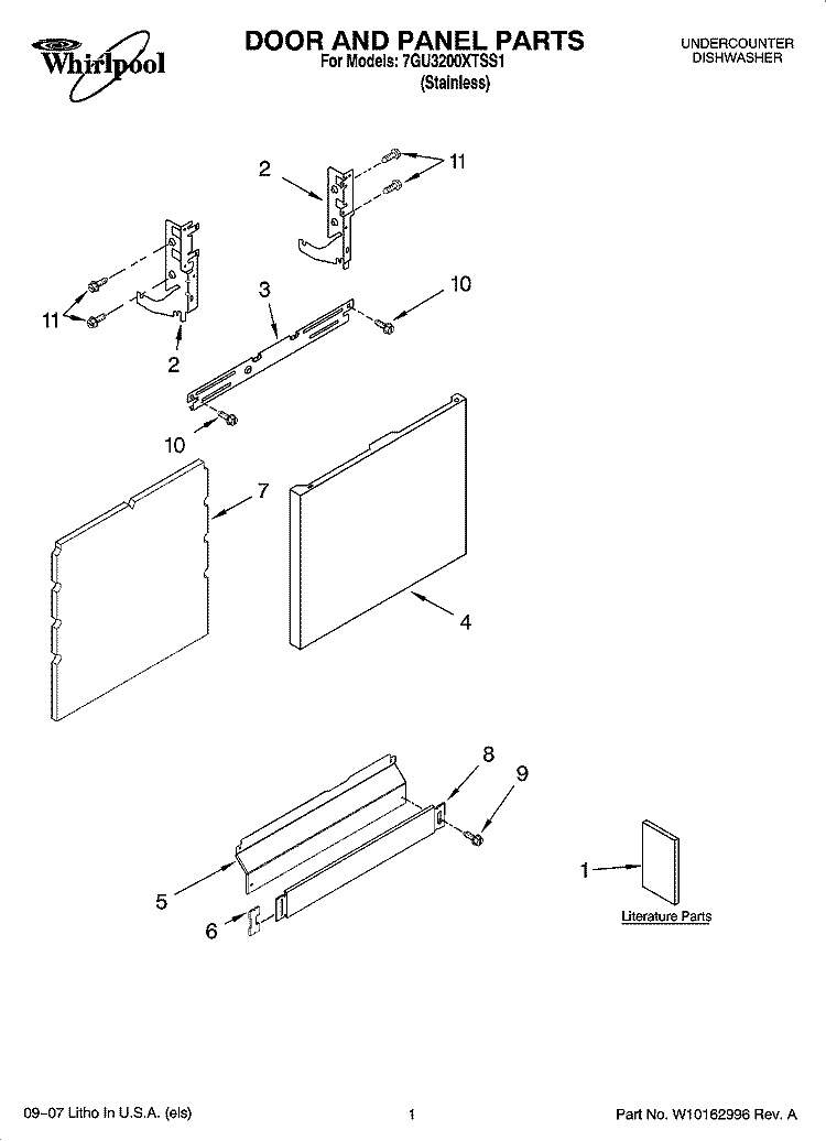 DOOR AND PANEL PARTS Diagram and Parts List for 7GU3200XTSS1  Whirlpool Dishwasher