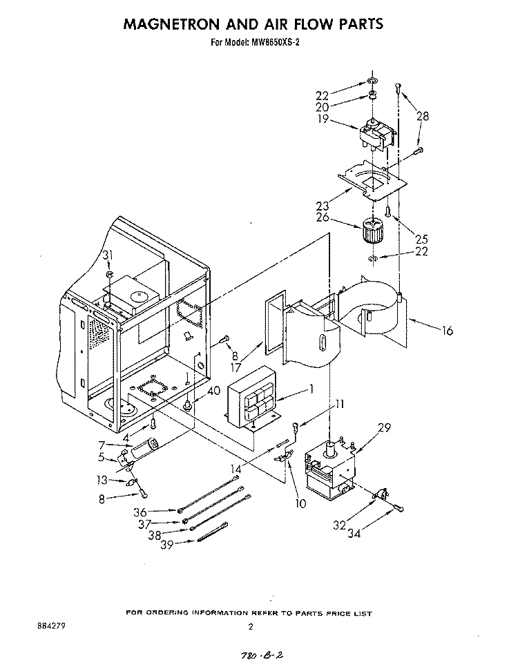 MAGNETRON AND AIRFLOW Diagram and Parts List for MW8650XS2  Whirlpool Microwave