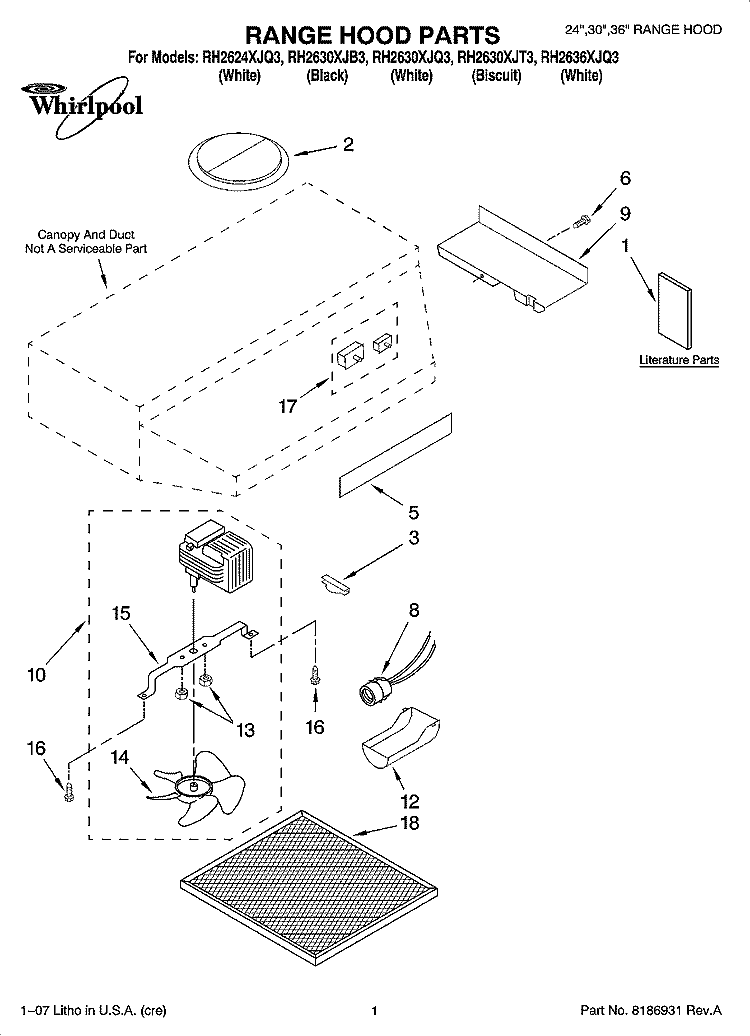 RANGE HOOD PARTS Diagram and Parts List for RH2630XJB3  Whirlpool Range Hood