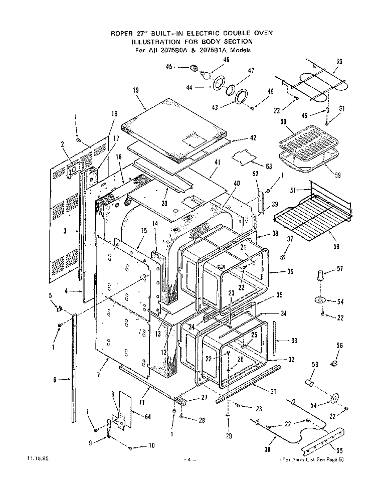 LOWER OVEN DOOR Diagram and Parts List for 2075B0A  Roper Range