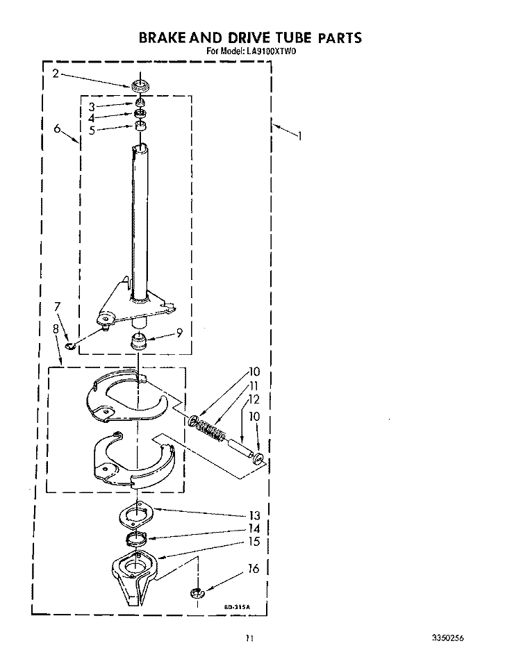 BRAKE AND DRIVE TUBE Diagram and Parts List for LA9100XTG0  Whirlpool Washer