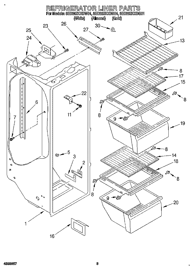 REFRIGERATOR LINER Diagram and Parts List for 8ED20ZKXDN01  Whirlpool Refrigerator