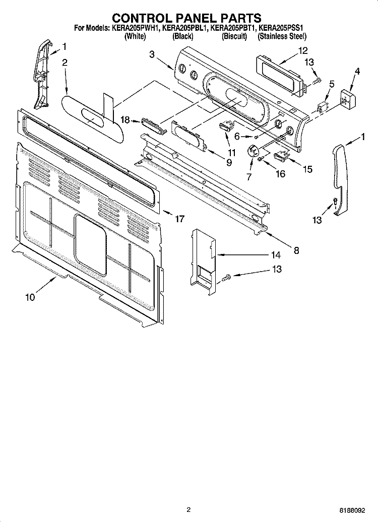 CONTROL PANEL PARTS Diagram and Parts List for KERA205PBL1  KitchenAid Range