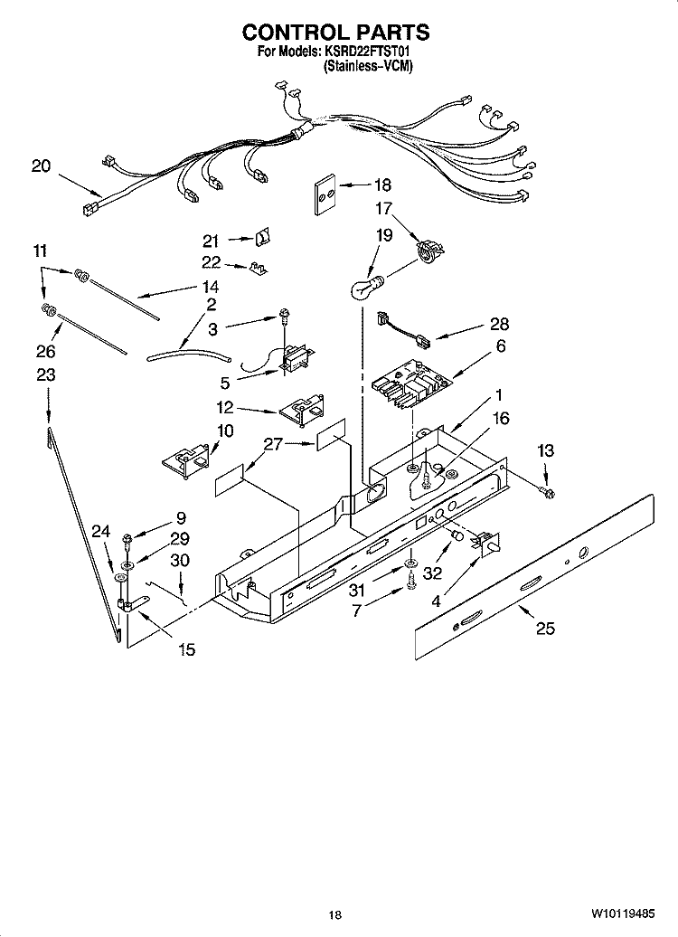 CONTROL PARTS Diagram and Parts List for KSRD22FTST01  KitchenAid Refrigerator