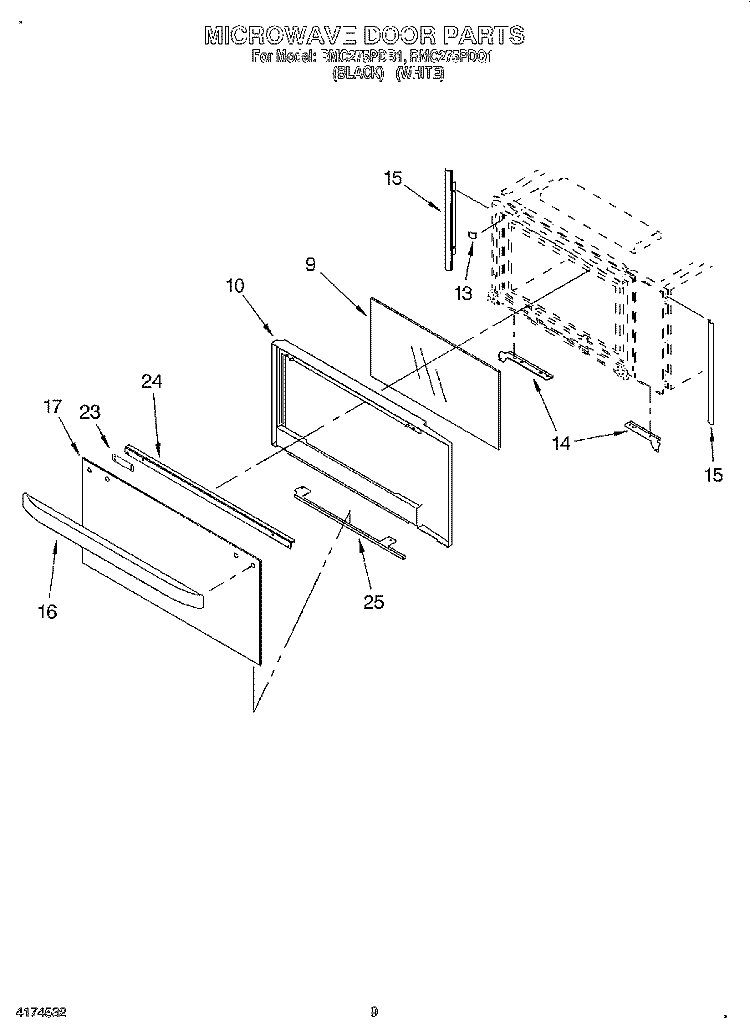 MICROWAVE DOOR Diagram and Parts List for RMC275PDB1  Whirlpool Microwave Oven Combo