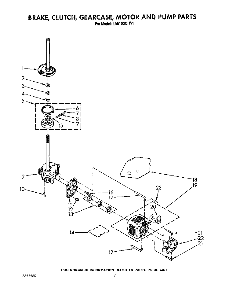 BRAKE, CLUTCH, GEARCASE, MOTOR AND PUMP Diagram and Parts List for LA5100XTF1  Whirlpool Washer