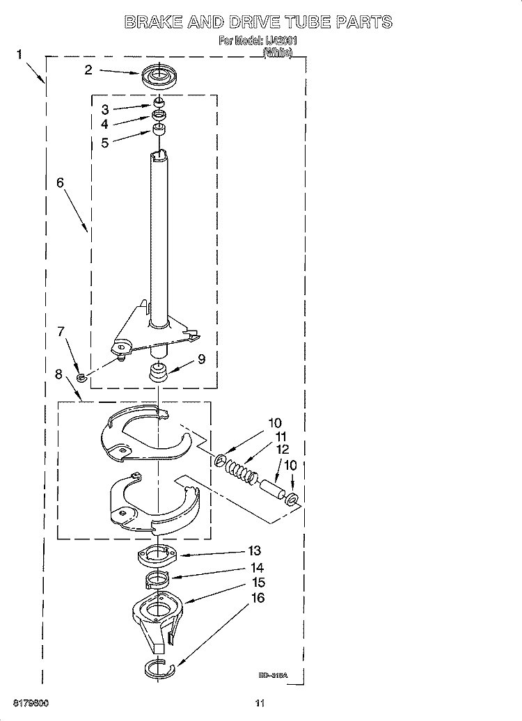 BRAKE AND DRIVE TUBE PARTS Diagram and Parts List for IJ42001  Inglis Washer