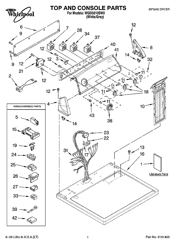 TOP AND CONSOLE PARTS Diagram and Parts List for WGD5810SW0  Whirlpool Dryer