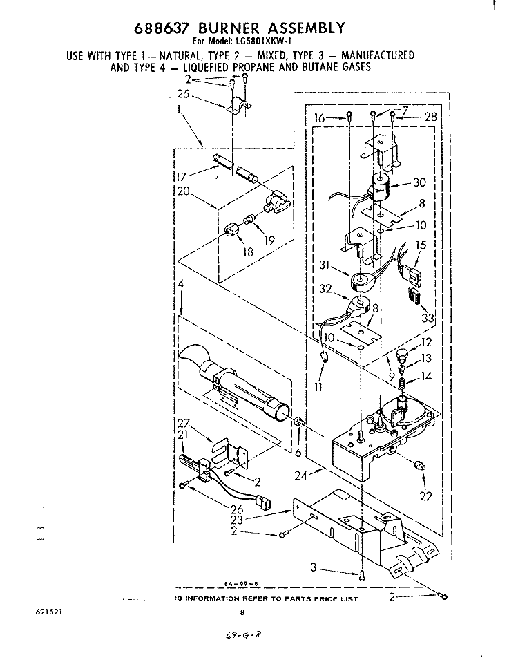 688637 BURNER ASSEMBLY Diagram and Parts List for LG5801XKW1  Whirlpool Dryer