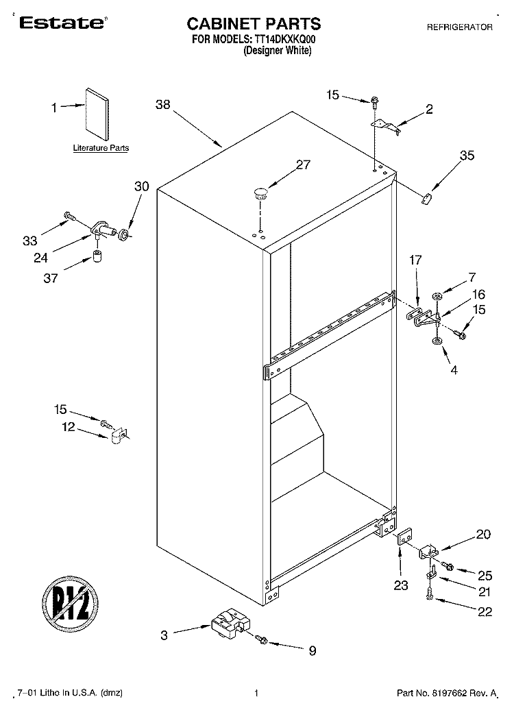 CABINET, LITERATURE Diagram and Parts List for TT14DKXKQ00  Estate Refrigerator