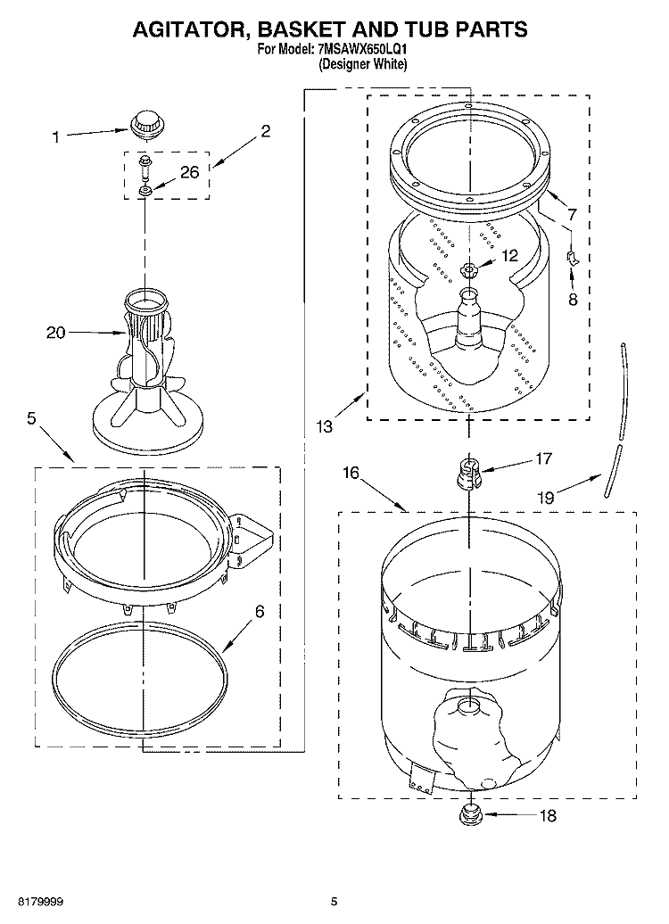 AGITATOR, BASKET AND TUB PARTS Diagram and Parts List for 7MSAWX650LQ1  Whirlpool Washer