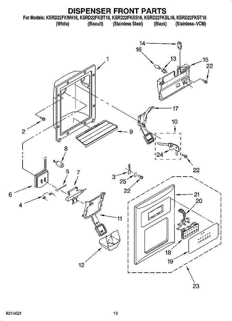 DISPENSER FRONT PARTS Diagram and Parts List for KSRD22FKBL16  KitchenAid Refrigerator