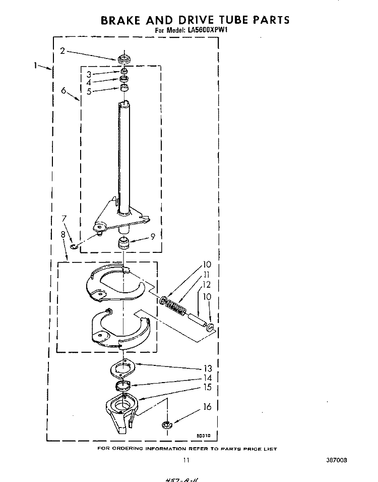 BRAKE AND DRIVE TUBE Diagram and Parts List for LA5600XPW1  Whirlpool Washer