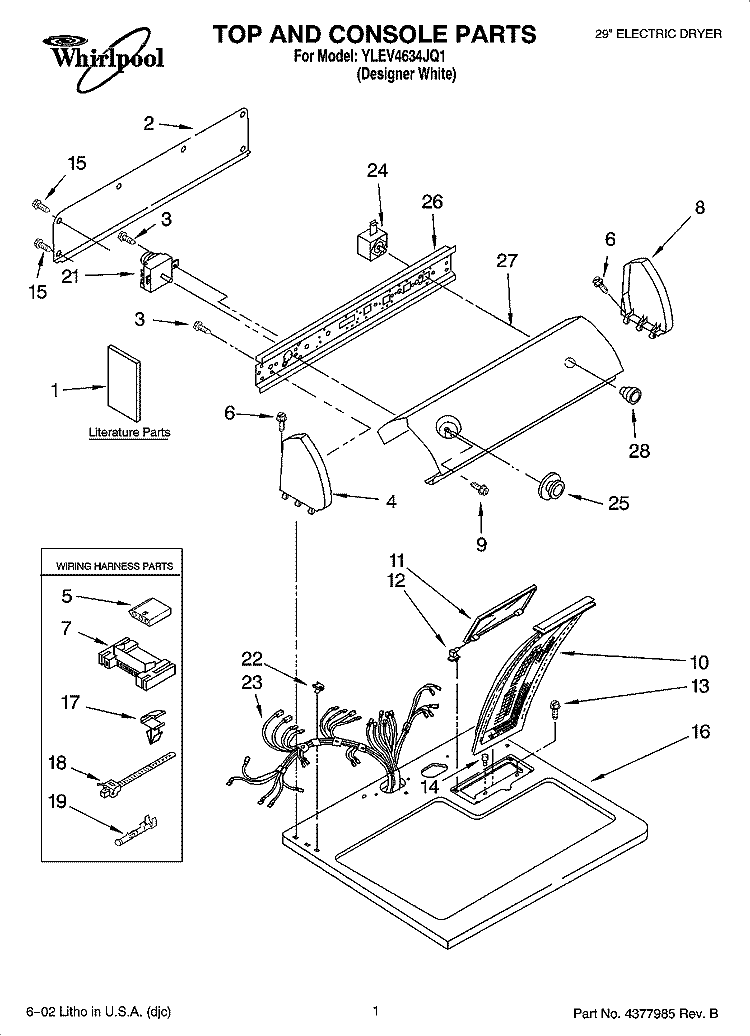 TOP AND CONSOLE PARTS Diagram and Parts List for YLEV4634JQ1  Whirlpool Dryer