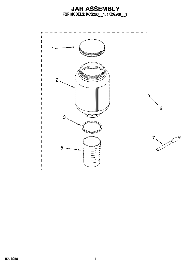 JAR ASSEMBLY Diagram and Parts List for KCG200OB1  KitchenAid Coffee Grinder