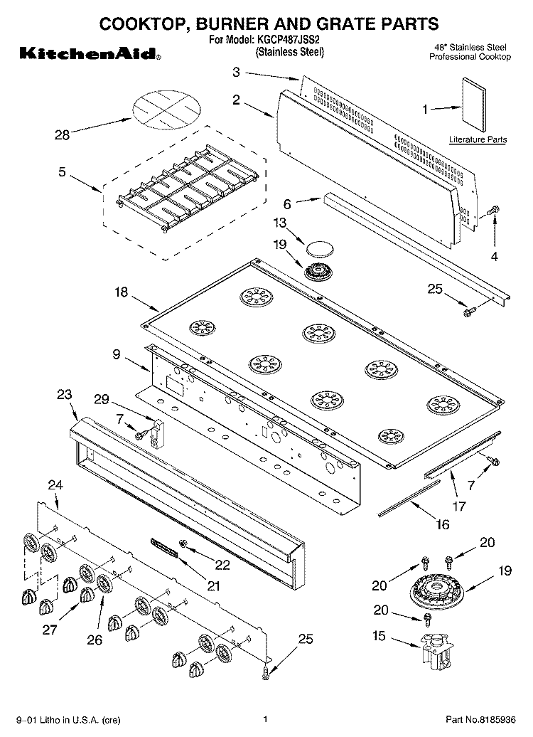 COOKTOP, BURNER AND GRATE PARTS Diagram and Parts List for KGCP487JSS2  KitchenAid Cooktop