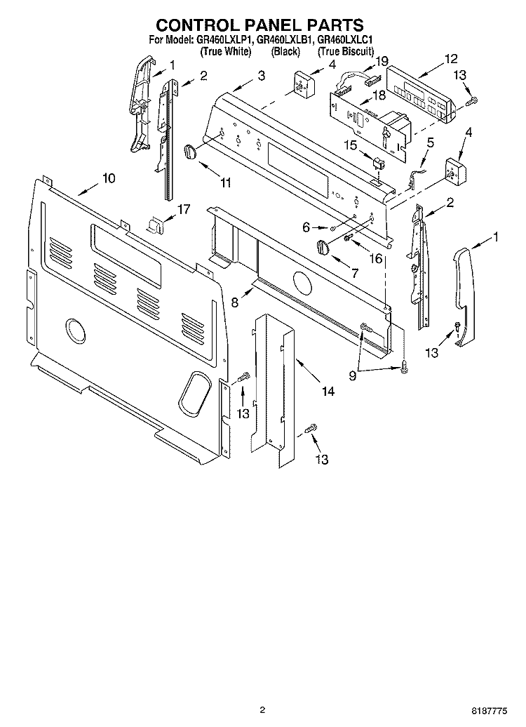 CONTROL PANEL PARTS Diagram and Parts List for GR460LXLP1  Whirlpool Range