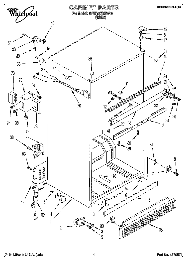 CABINET Diagram and Parts List for 3VET19ZKBW00  Whirlpool Refrigerator