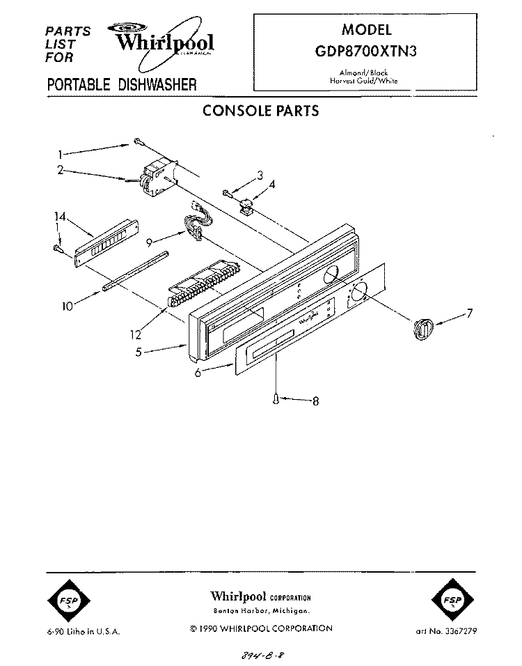 CONSOLE Diagram and Parts List for GDP8700XTN3  Whirlpool Dishwasher