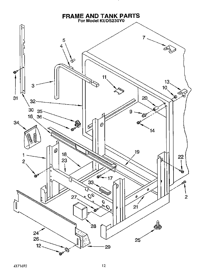 FRAME AND TANK Diagram and Parts List for KUDS230Y0  KitchenAid Dishwasher