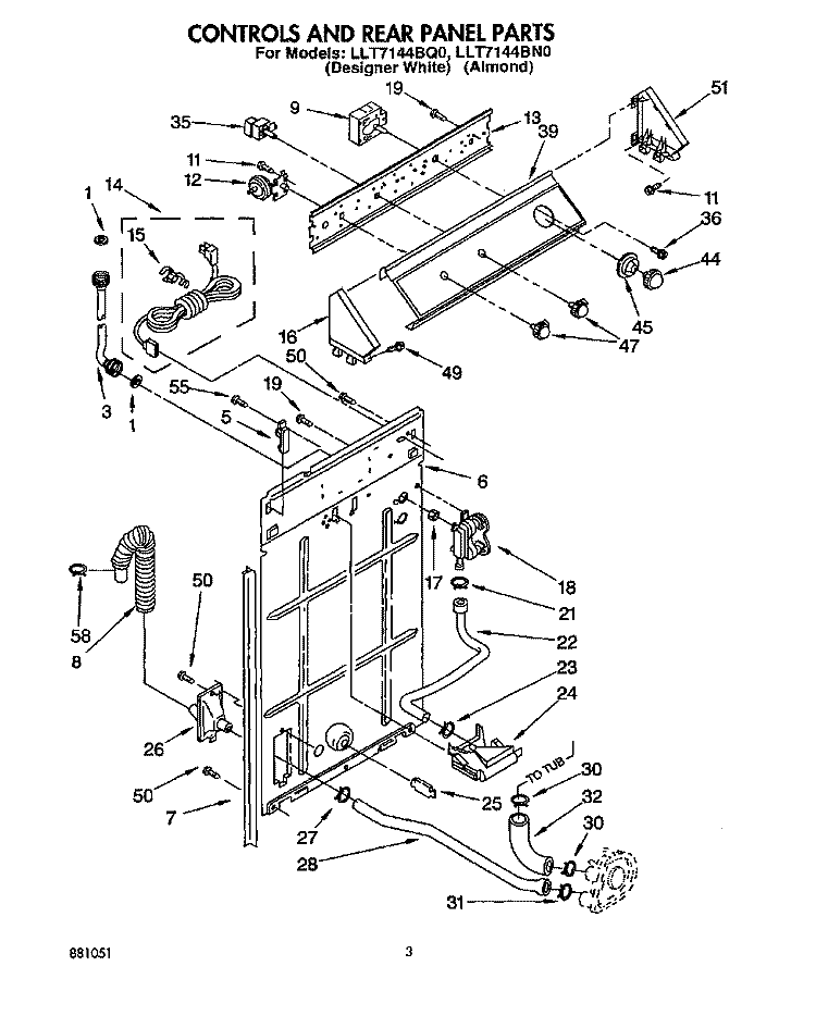 CONTROLS AND REAR PANEL Diagram and Parts List for LLT7144BN0  Whirlpool Washer