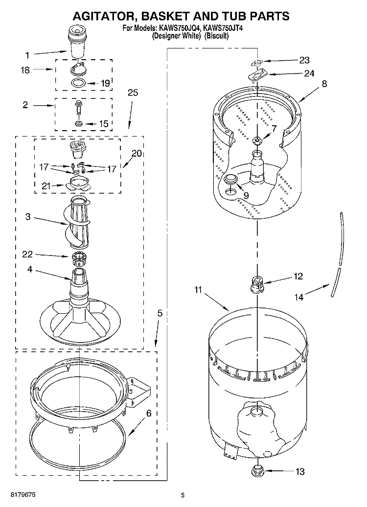AGITATOR, BASKET AND TUB Diagram and Parts List for KAWS750JQ4  KitchenAid Washer