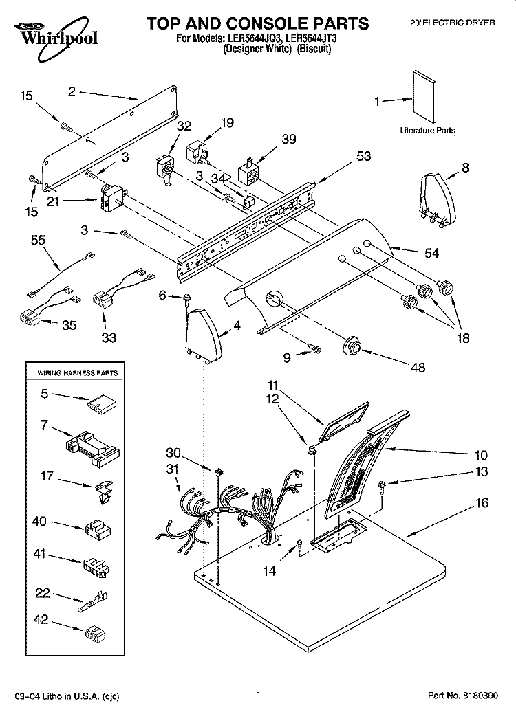 TOP AND CONSOLE PARTS Diagram and Parts List for LER5644JQ3  Whirlpool Dryer