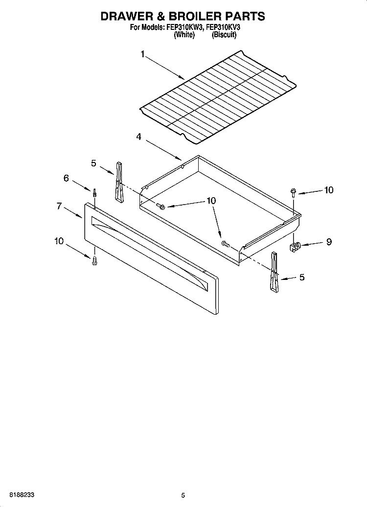 DRAWER & BROILER PARTS Diagram and Parts List for FEP310KV3  Roper Range