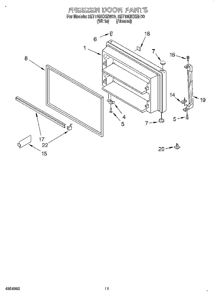 FREEZER DOOR, LIT/OPTIONAL Diagram and Parts List for 3ET19DKXEW00  Whirlpool Refrigerator