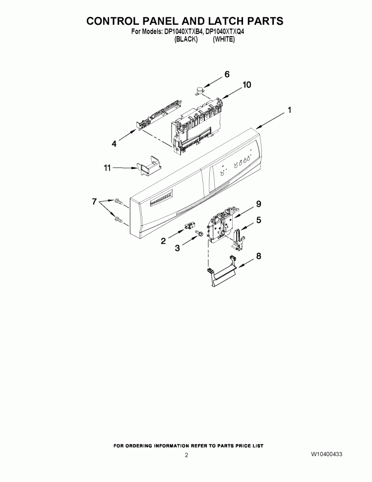 CONTROL PANEL AND LATCH PARTS Diagram and Parts List for DP1040XTXB4  Whirlpool Dishwasher