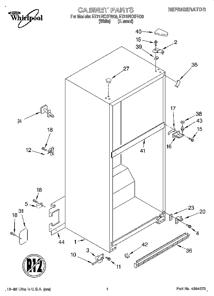 CABINET Diagram and Parts List for ET21PKXFW00  Whirlpool Refrigerator