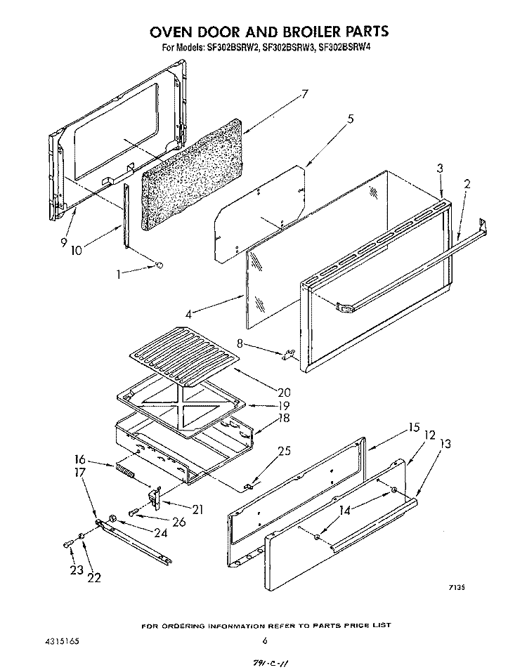 OVEN DOOR AND BROILER Diagram and Parts List for SF302BSRW4  Whirlpool Range