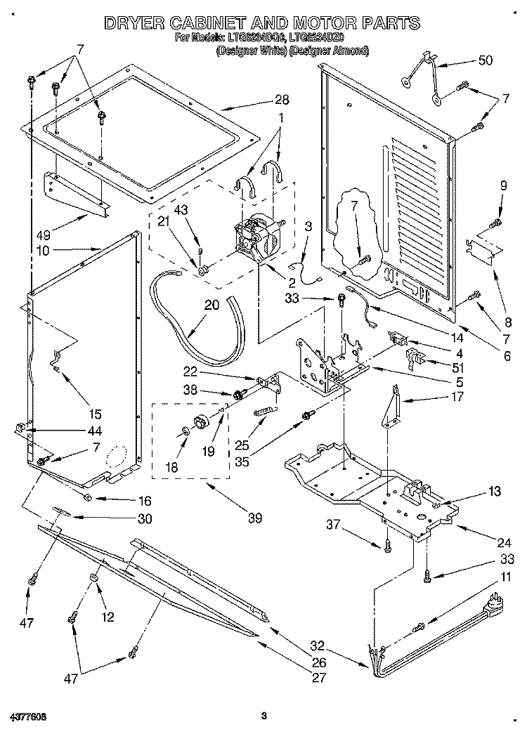 DRYER CABINET AND MOTOR Diagram and Parts List for LTG6234DQ0  Whirlpool Washer Dryer Combo
