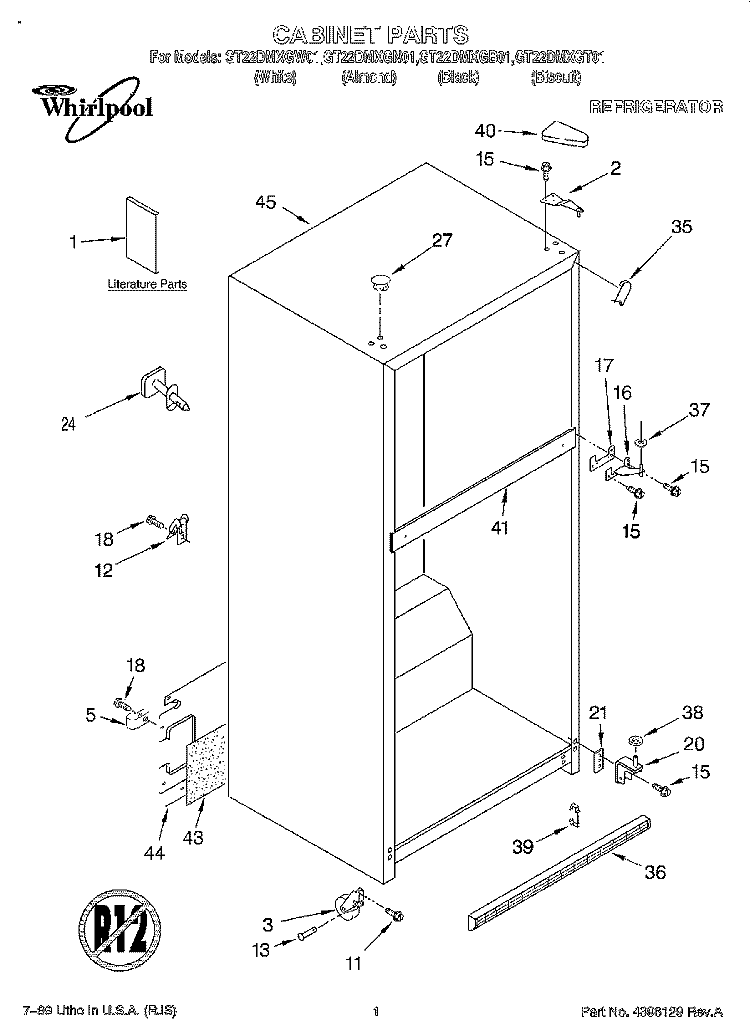 CABINET, LITERATURE Diagram and Parts List for GT22DMXGB01  Whirlpool Refrigerator