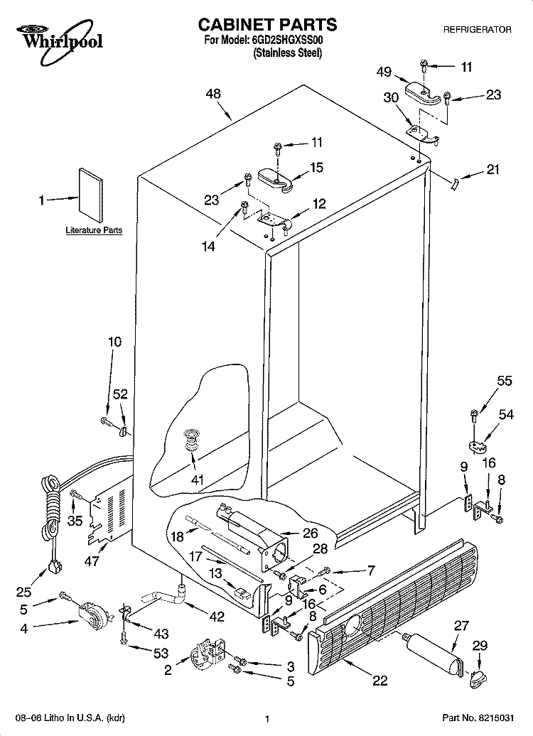 CABINET PARTS Diagram and Parts List for 6GD2SHGXSS00  Whirlpool Refrigerator