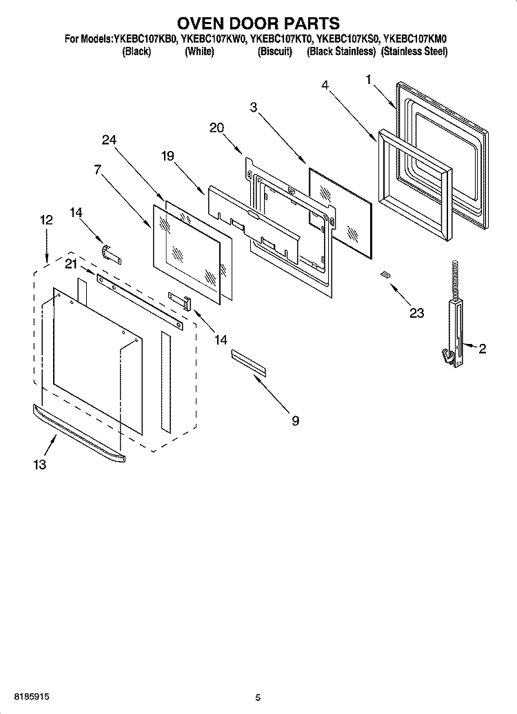OVEN DOOR PARTS Diagram and Parts List for YKEBC107KW0  KitchenAid Wall Oven