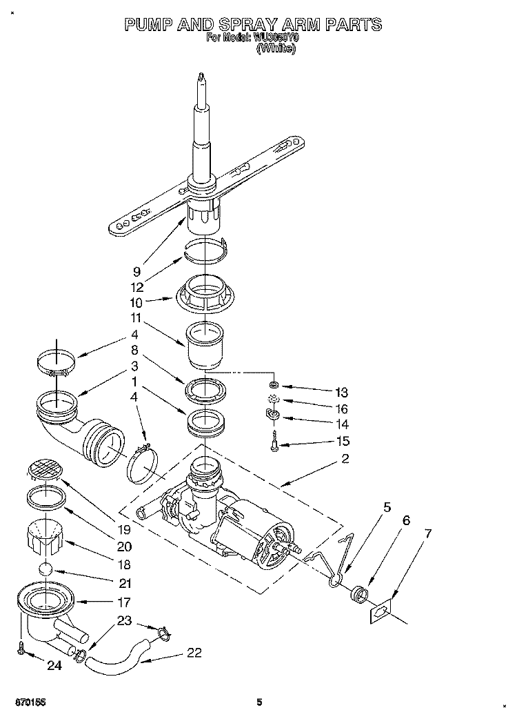 PUMP AND SPRAY ARM Diagram and Parts List for WU3050Y0  Roper Dishwasher