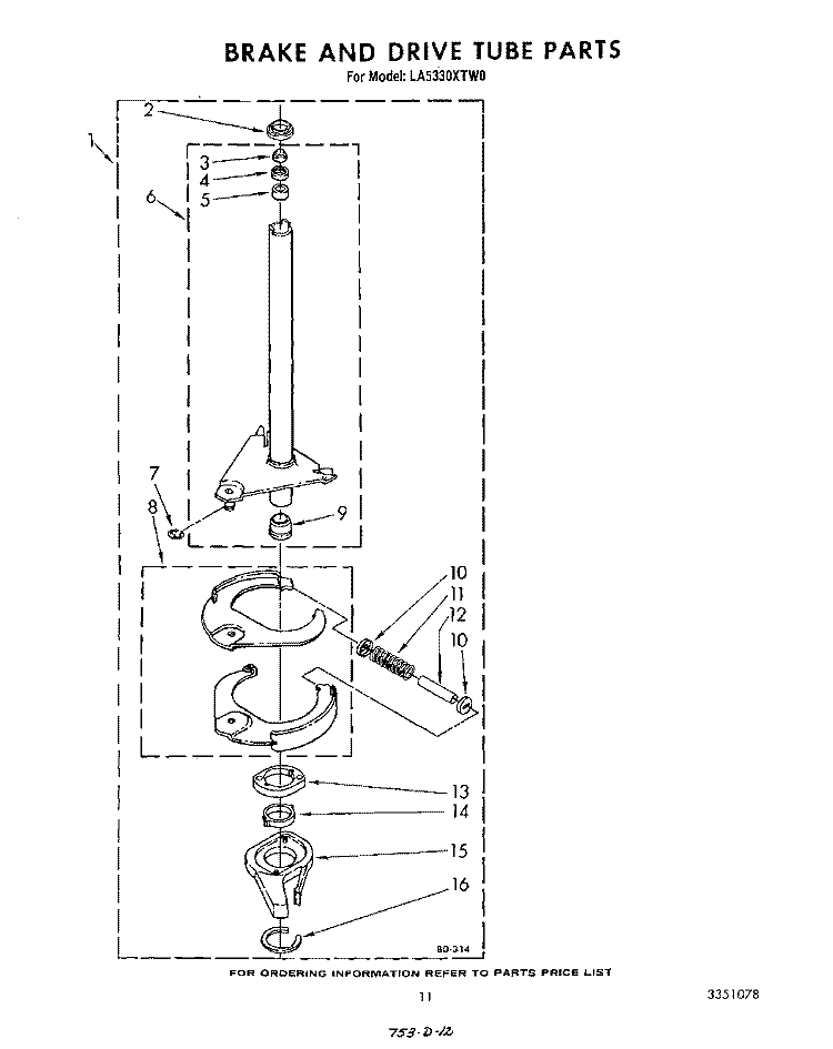 BRAKE AND DRIVE TUBE Diagram and Parts List for LA5330XTM0  Whirlpool Washer