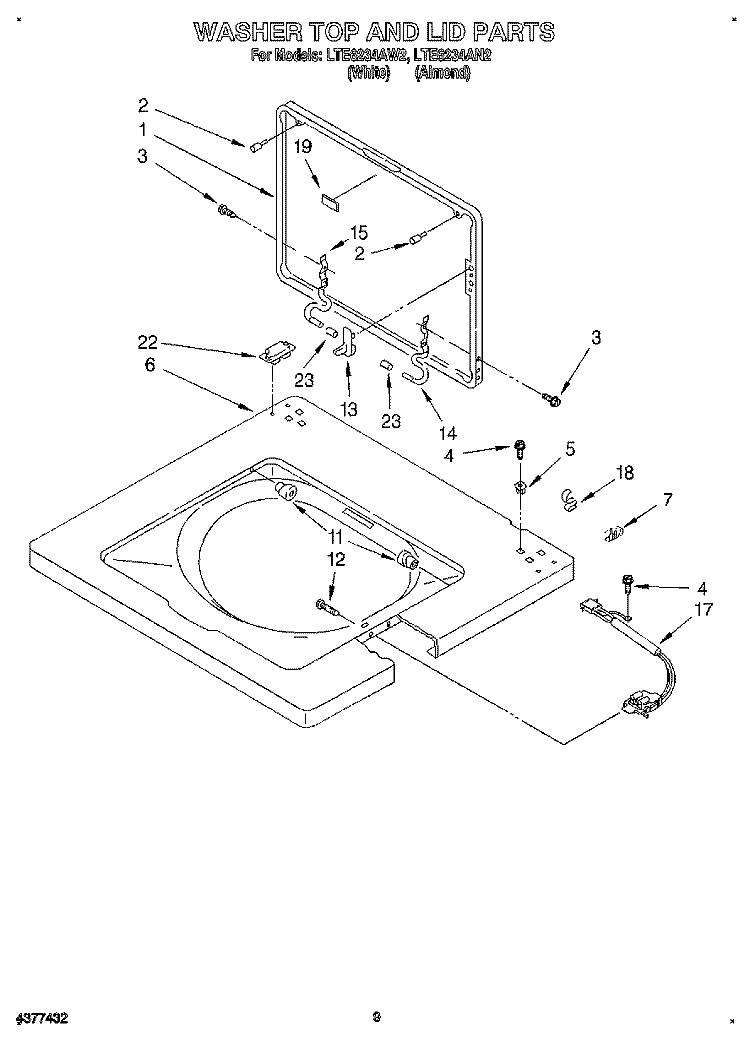 WASHER TOP AND LID Diagram and Parts List for LTE6234AN2  Whirlpool Washer Dryer Combo