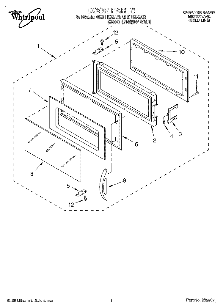 DOOR Diagram and Parts List for GH9115XEB0  Whirlpool Microwave